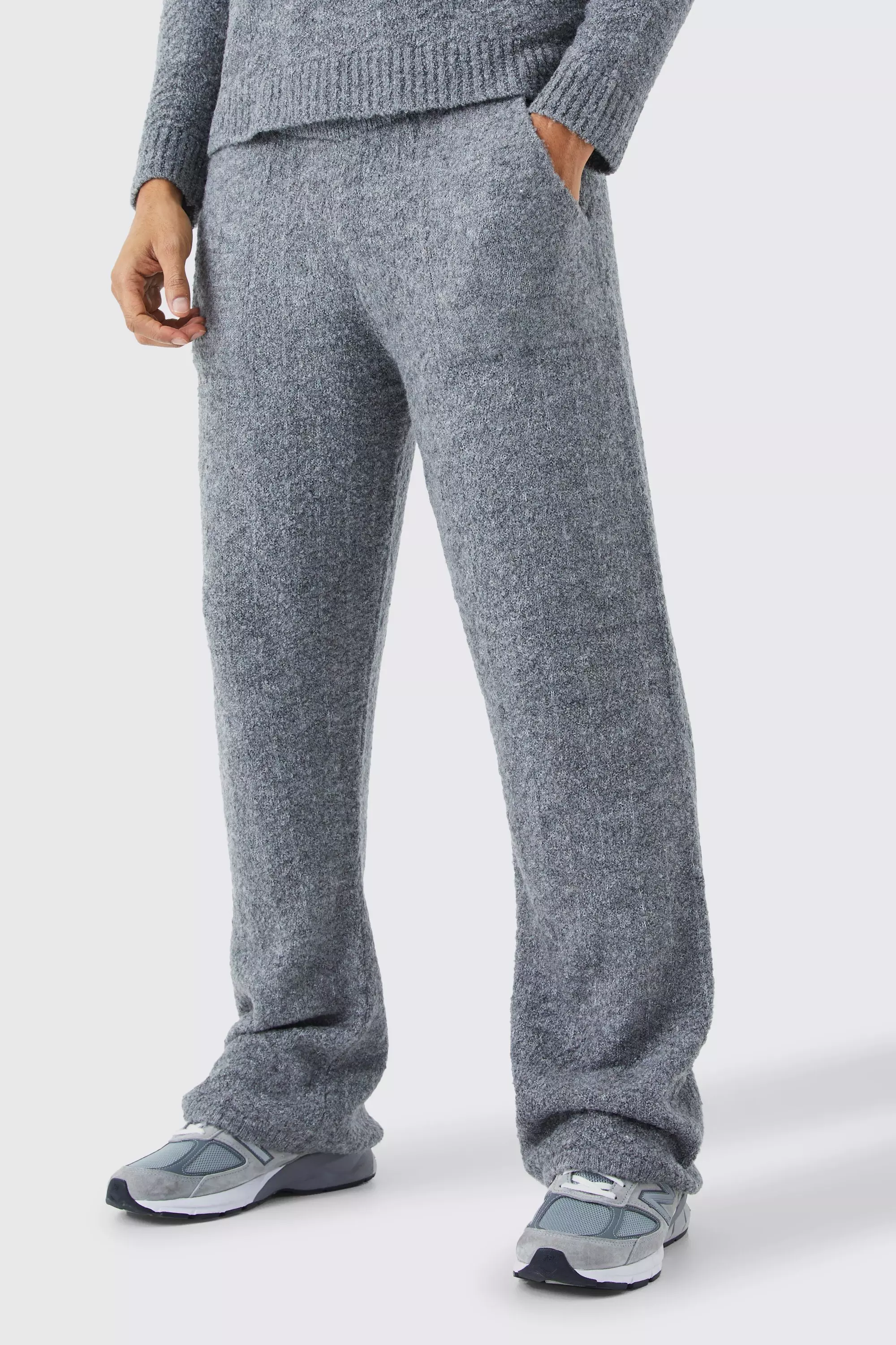 Relaxed Herringbone Knit Wide Leg Joggers boohooMAN UK